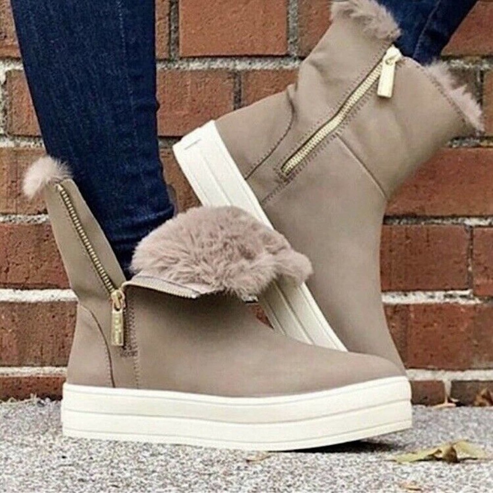 J/SLIDES Tan Ankle Boots with Fur Trim